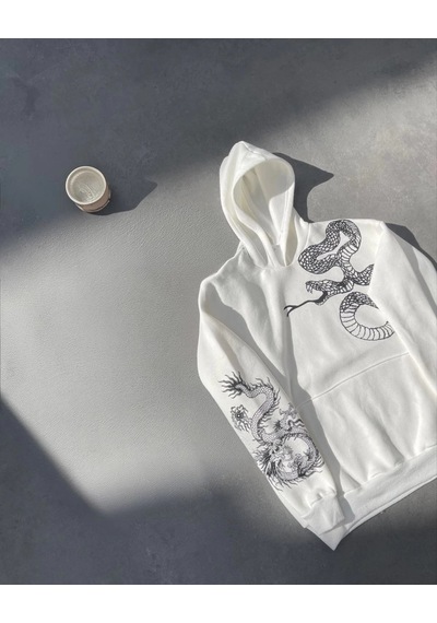 Uzun Kol Kapüşonlu Baskılı Sweatshirt - Beyaz - Beyaz