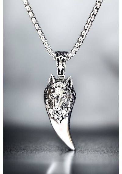 Ak Store Silver Gümüş Kaplama Krom-Çelik Erkek Kolye Madalyon Kurt Dişi Üzerine Bozkurt İşleme