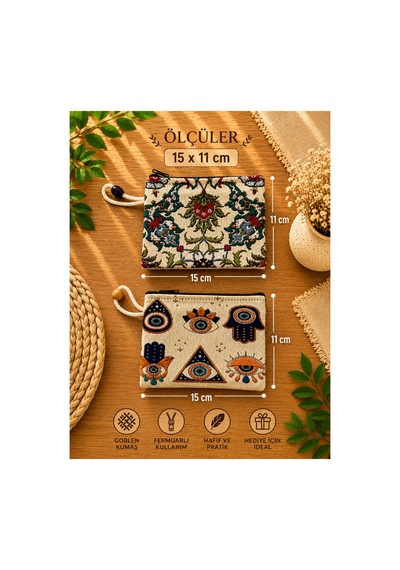 Badufa Home Goblen Dokuma Bez Cüzdan 2 Adet Bej Bej