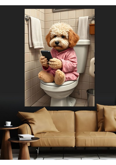 Pijamalı Köpek Telefon Keyfi Dekoratif Kanvas - Mdf Ahşap Tablo