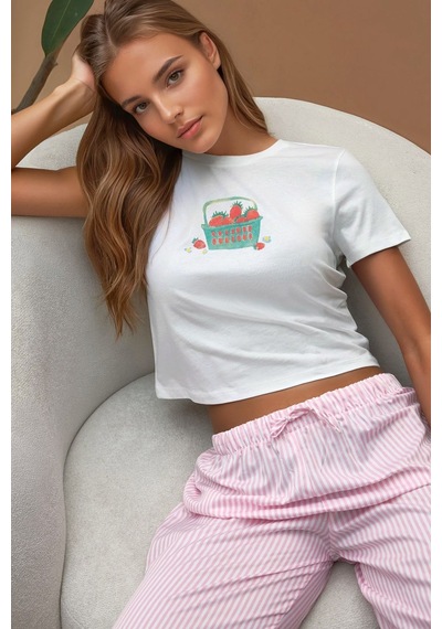 Hiccup Baskı Detaylı Regular Fit Bisiklet Yakalı %100 Pamuklu Crop T-shirt Çok Renkli