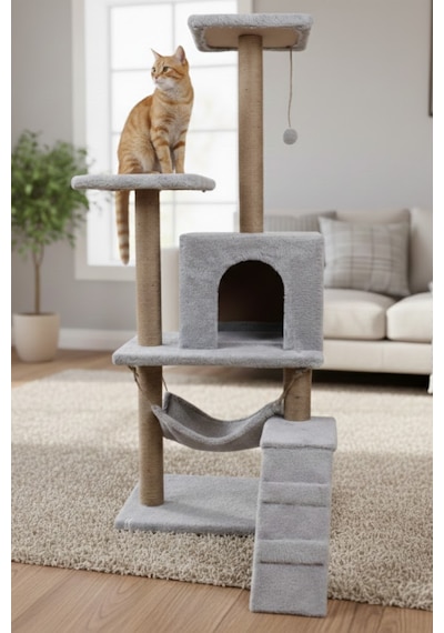 Missidea B07 Hamaklı Yuvalı Lüx Kedi Tırmalama Oyun Evi Gri