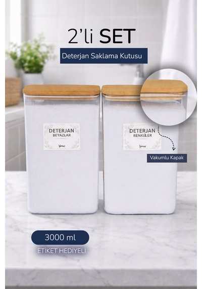 2 Adet Ahşap Vakumlu Kapaklı Toz Deterjan Kutusu Renkliler Beyazlar Etiketli 3 Litre Şeffaf
