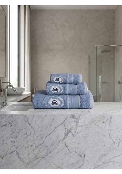 Kod-9943 Nakışlı Pamuk 3 Parça Banyo Havlu Seti - Mavi