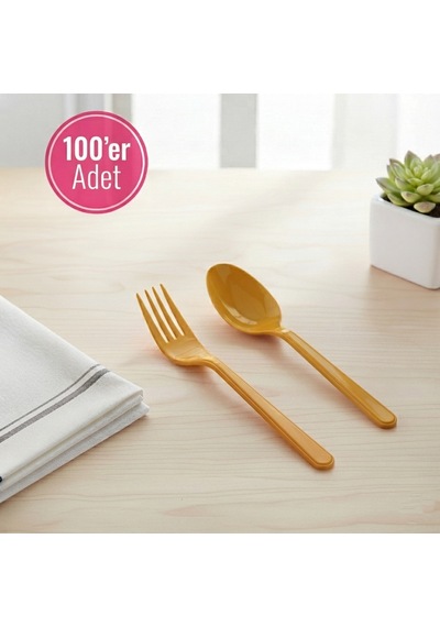 100 'er Adet Altın Renk Plastik Lüx Çatal Ve Kaşık Seti
