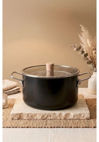 Titan Cook Ahşap Kulplu,paslanmaz Saplı Siyah Süzgeçli Emaye Kızartma Tenceresi 22 Cm Siyah