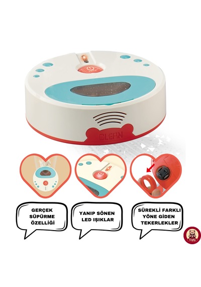 Oyuncak Pilli Robot Süpürge Sesli Ve Işıklı Gerçek Süpürme Özelliği Ve Farklı Yönlere Giden Robot Beyaz