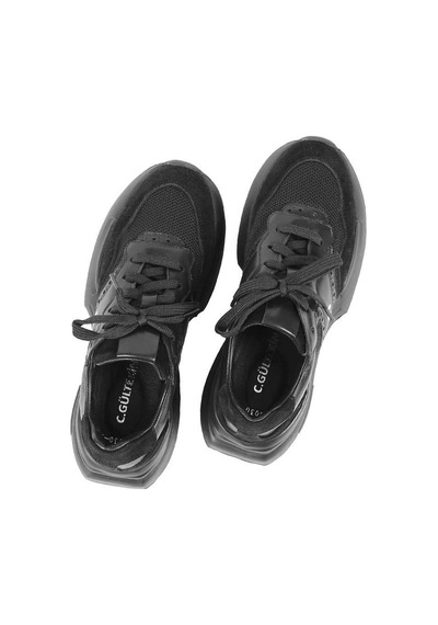 Kadın Siyah Bağcıklı Kalın Tabanlı Süet Deri Sneaker