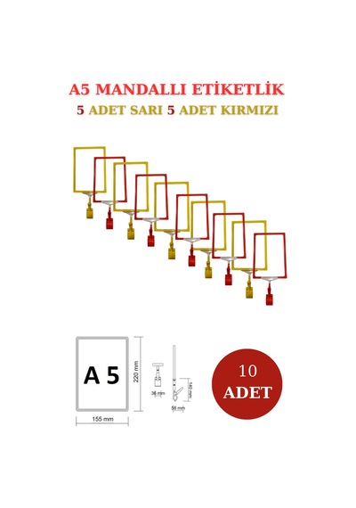 10adet Sarı Kırmızı A5 Mandallı Sepet Etiketi Çerçeveli Etiketlik Sarı Kırmızı
