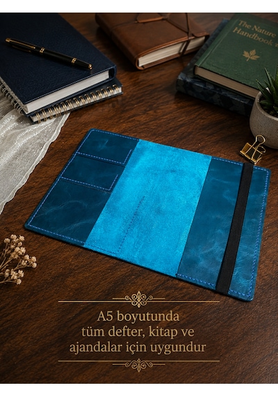 Bilikolik Hakiki Deri A5 Defter Kılıfı, El Yapımı, Telefon Cepli Ajanda Organizer, Defter Ve Kalem Dahil Mavi