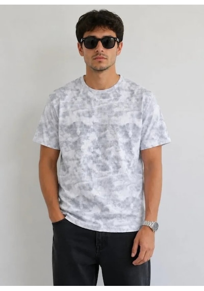 Defymoda Erkek Batik Desenli Tişört Bisiklet Yaka Kısa Kol Regular Fit T-shirt - Gri
