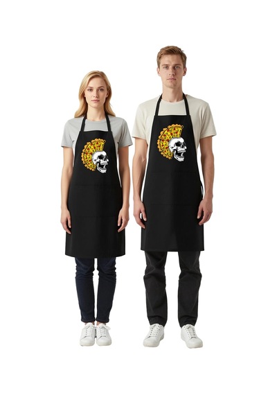Unisex Mutfak Aşçı Önlüğü Kafatası Pizza Baskılı Grafik Tasarım S Siyah
