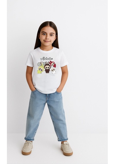 Barlashive Kız Labubu Çocuk Baskılı T-shirt - Beyaz Çok Renkli