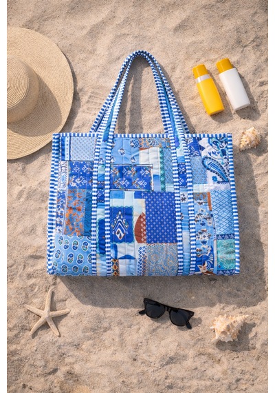 İcone Bag Patch Yama Desen Baskılı Kapitoneli Plaj Çantası, İçi Çizgili Baskılı Shopper Çanta, Pembe Plaj Çantası Mavi