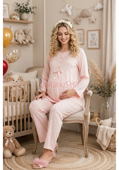 Lady Bebe Pembe Renkli, Dantel Detaylı 33209 Uzun Kol, 2 Parça Lohusa Hamile Pijama Takımı Açık Pembe