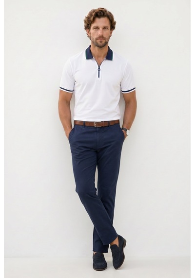 Tudors Erkek Slim Fit Dar Kesim %100 Pamuk Kısa Kollu Yarım Fermuarlı Beyaz Polo Yaka Tişört-50744