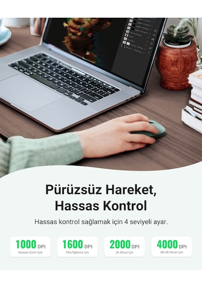 Ugreen 2.4ghz Sessiz Tuşlu Kablosuz Optik Mouse, Yeşil, 90374 Diğer