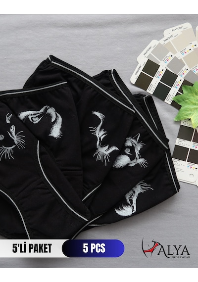Alya Underwear Kız Çocuk Kalpli Dokuma Lastik Pamuklu Kumaş Slip Külot 5'li Paket 5 Adet Beyaz Siyah P13
