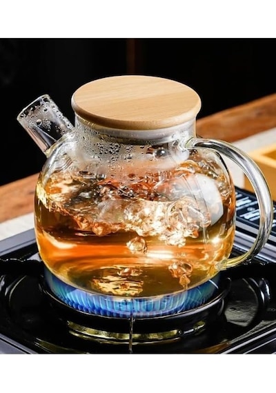 Vakumlu Bambu Kapaklı Isıya Dayanıklı Borosilikat Cam Demlik, Süzgeçli 1000 Ml Teapot.deconox Vakumlu Bambu Ka Diğer