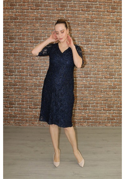 Nidya Moda Büyük Beden Kadın Lacivert Dantel Elbise-4161L Lacivert