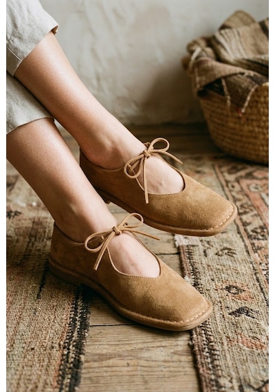 Shoetek Avany Kadın Babet Bağcıklı Taba Süet