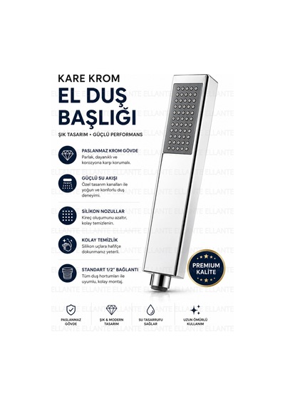 Kare El Duşu Başlığı Krom Paslanmaz Güçlü Su Akışlı Silikon Nozullu 1/2'' Universal Bağlantı Çok Renkli