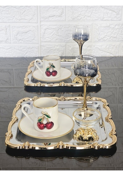 6 Adet Sunum Tepsisi & Kahve & Çay Tepsisi- Gümüş Tepsi Döküm Gold Gül Çerçeveli Gümüş