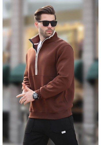 Madmext Acı Kahverengi Dik Yaka Yarım Fermuarlı Sweatshirt 7079 Acı Kahverengi