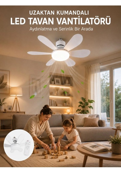 Tavan Vantilatörü Sessiz Motorlu Uzaktan Kumandalı Led Aydınlatma Güçlü Serinletme Renkli