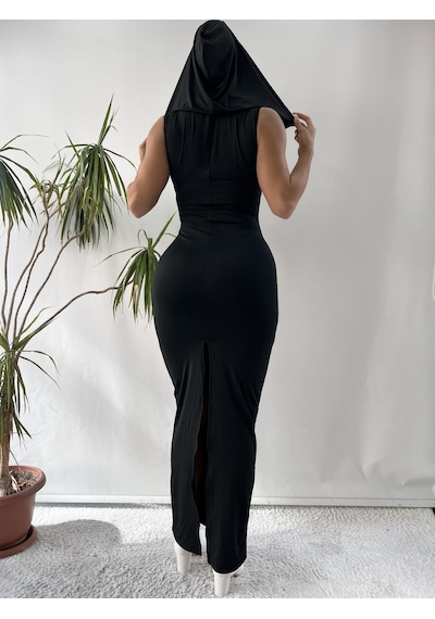 Pink Life Siyah Sıfır Kol Yırtmaç Detaylı Kapişonlu Maxi Elbise Siyah