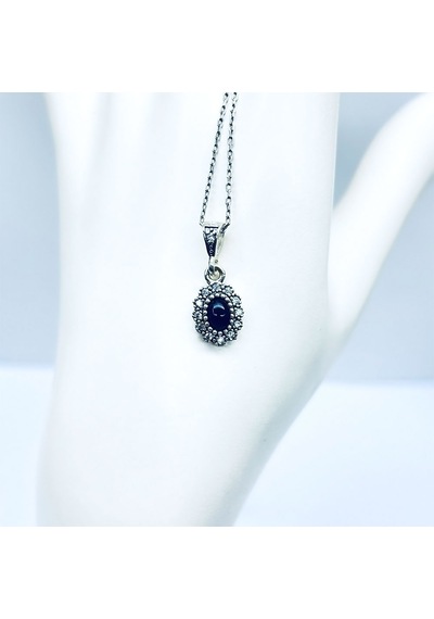 Oval Mini Boy Zirkon Ve Oltu Taşı İşçilikli 925 Ayar Gümüş Kolye Siyah