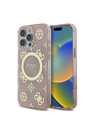 Apple Uyumlu iPhone 16 Pro Max Kılıf Guess Lisanslı Magsafe Özellikli Iml Peony Ve 4g Desenli Klasik Logolu Pembe