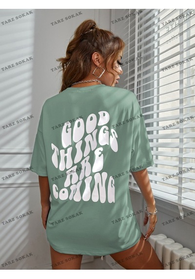 Flood Of Style Unisex Bay Slogan Grafikli Düşük Omuzlu Tişört Kod-1400 Nane Yeşili