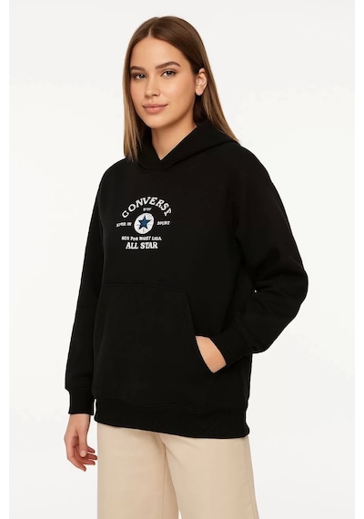 Üç İplik Kapşonlu Ön Ve Arka Baskılı Sweatshirt Hoodie- Siyah Siyah