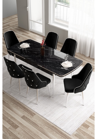 Canisa Tia Serisi 80x132 Mdf Açılabilir Siyah Mermer Desen Krom Detay Mutfak Masası Ve 6 Siyah Sandalye Masa Siyah Mermer Desen Sandalye Siyah Canisa Tia Serisi 80x132 Mdf Açılabilir Siyah Mermer Desen Krom Detay Mutfak Masası Ve 6 Siyah Sandalye Masa Siyah Mermer Desen Sandalye Siyah