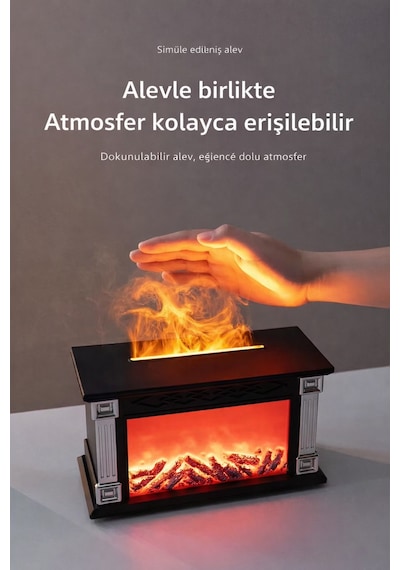 Exenar - Siyah - Şömine Alev Efektli Ultrasonik Hava Nemlendirici Uzaktan Kumanda Aromaterapi Buhar Makinesi 300ml