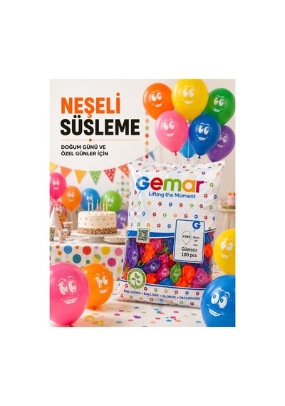 Gülen Yüz Baskılı Karışık Renk Balon 100 Adet 26 Cm 10 İnç Doğum Günü Parti Balonu Çok Renkli