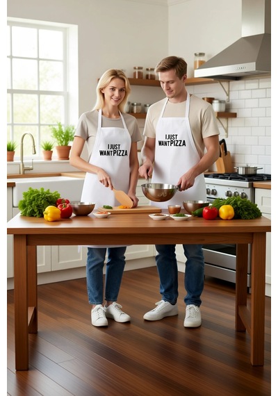 Erkek Unisex Mutfak Aşçı Önlüğü Pizza Baskılı Halter Yaka Cepli R Beyaz
