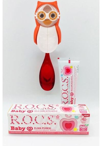 Rocs Baby 0 - 3 Yaş Soft Diş Fırçası + Flipper Baykuş Hijyenik Saklama Kabı Turuncu + Elma Püresi Macun 35 ML