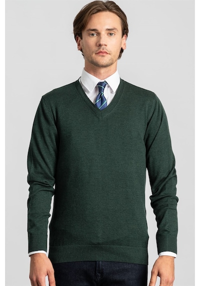Tudors Slim Fit Dar Kesim V Yaka Pamuklu Erkek Kazak-22479 Yeşil