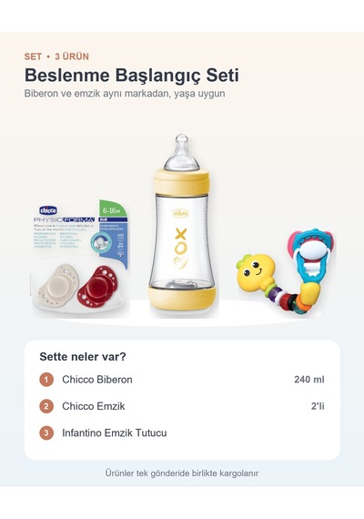 Beslenme Başlangıç Seti 3 Parça: Chicco Biberon + Chicco Emzik + Infantino Emzik Tutucu