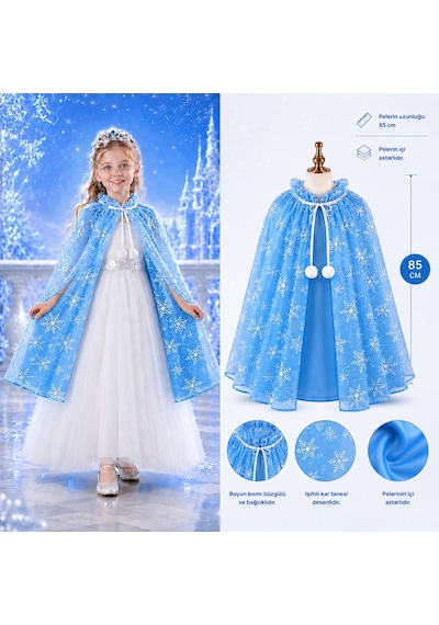 Kar - 383 - Tanesi Desenli Mavi Elsa Pelerini - Astarlı Frozen Pelerini - Spt-gld - 85 Cm