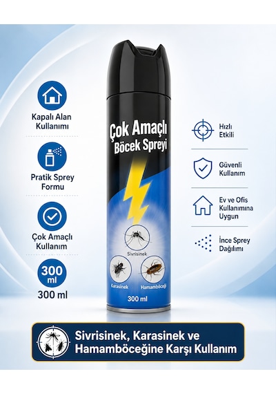 Çok Amaçlı Böcek Spreyi 300 Ml Sivrisinek Karasinek Hamamböceği İçin Kapalı Alan Aerosol Sprey