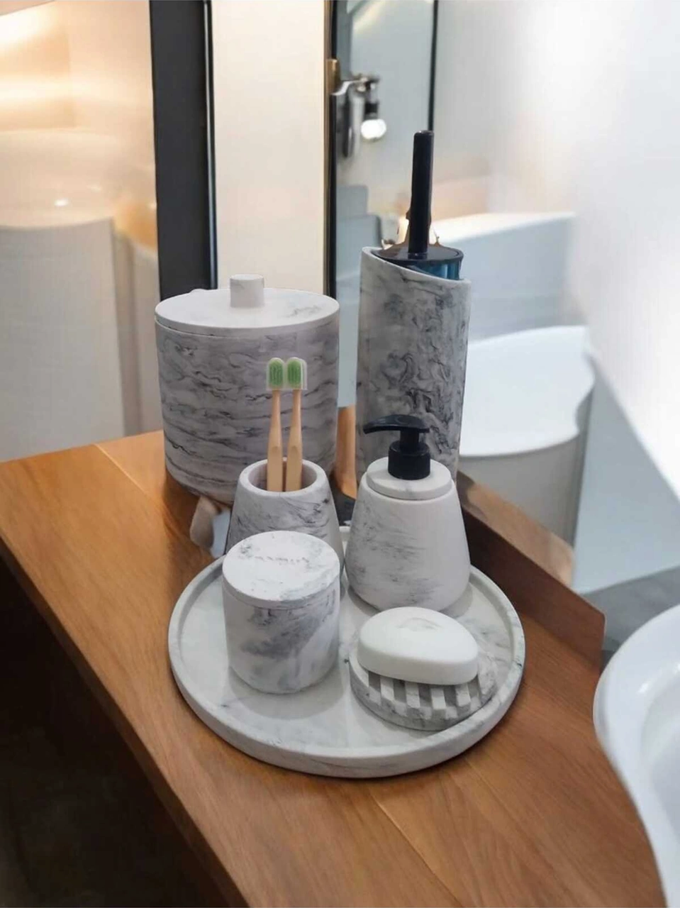 Mermer Desen Beton Banyo Seti,tuvalet Fırçası,çöp Kovası,katı,sıvı Sabunluk,tepsi,pamukluk Gri