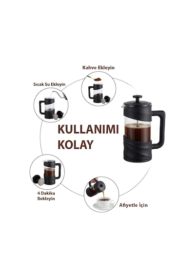 350 Ml Cam French Press Isıya Dayanıklı Cam, Paslanmaz Çelik Filtreli, Siyah Renkli Kahve Ve Bitki Çayı Demli Diğer