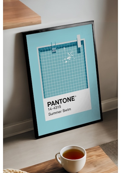 Pantone Havuz Mavisi Siyah Ahşap Çerçeveli Poster, Dekoratif Duvar Tablosu