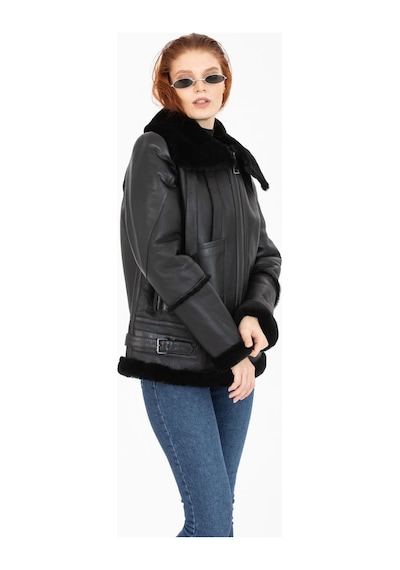 M M Marki Marki Kadın Siyah Vintage Deri Mont, Siyah Kürklü, Balıkçı Yaka, Oversize Model - 105222