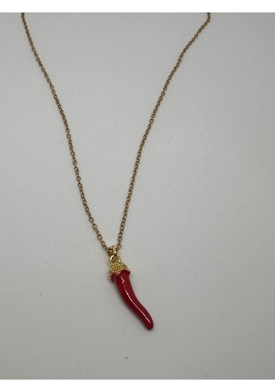 Kırmızı Çelik Biber Şans Kolyesi Unisex Altın Renk Zincir Altın