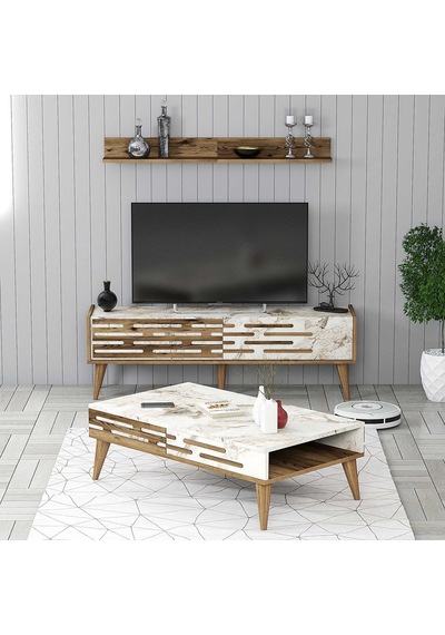 Variant Valensiya 140cm Tv Ünitesi Ve Orta Sehpa Takımı - Ceviz / Beyaz Mermer