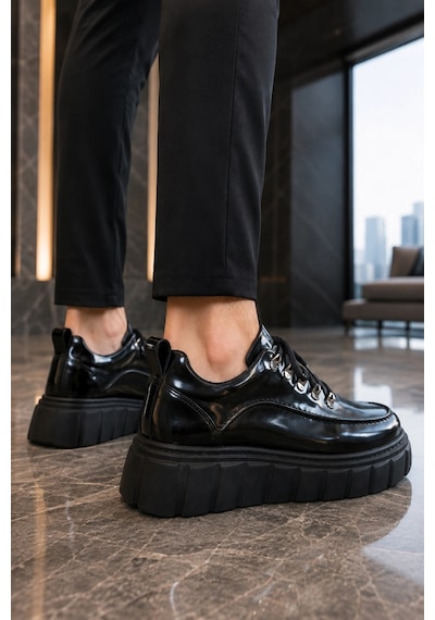 Mevese Duolc Bağcıklı Rugan Erkek Günlük Rahat Taban Sneaker Ayakkabı - Siyah